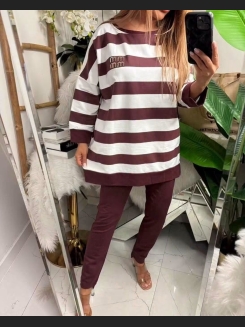 Swobodna bluza w szerokie paski w kolorze śmietankowo-bordowym